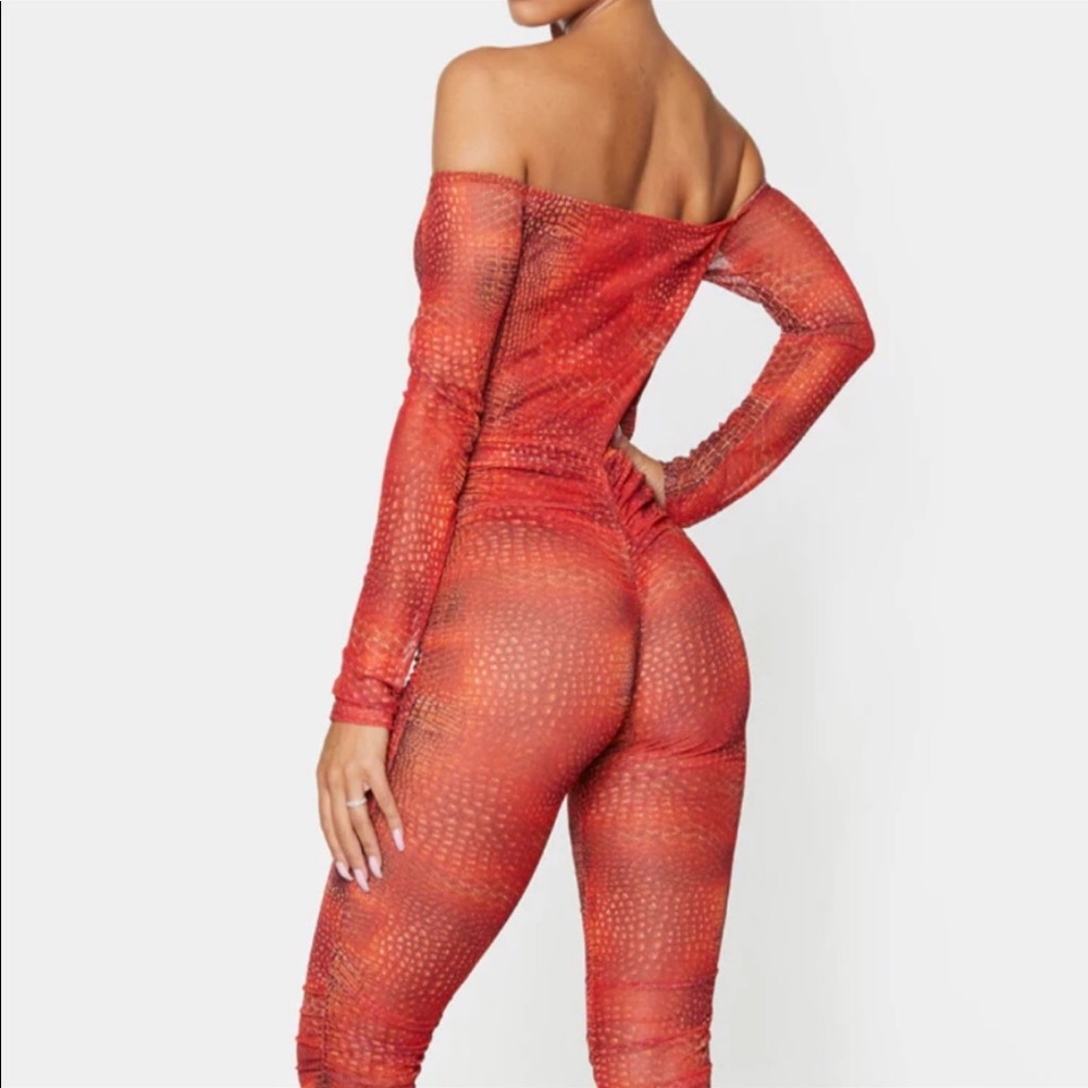 LIKE NEW PLT Red-Orange Croc Print Ruched Mesh Bardot Jumpsuit Full Bodysuit 4US - Picture 2 of 7